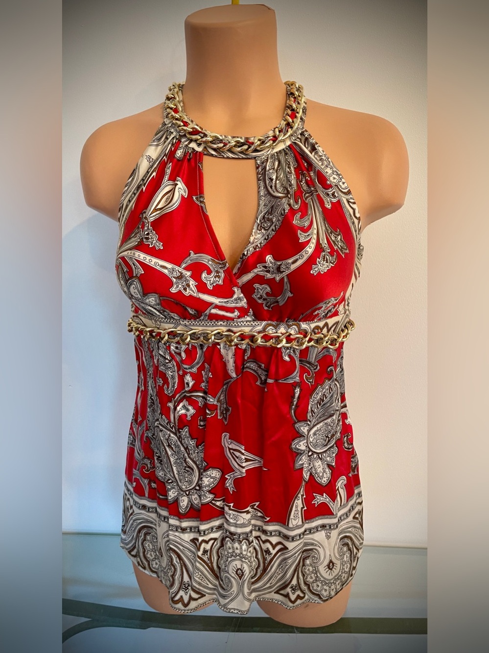 Cache Silk Red Paisley Halter Top with Gold Chain Trim